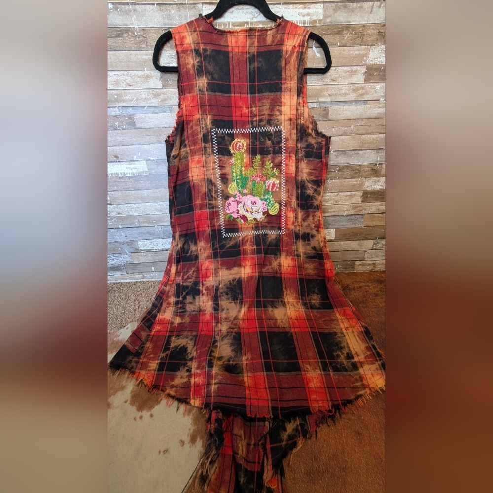 April Sky Boho Southwestern Orange/Black Tie Dye Embroidered Raw Edge Vest